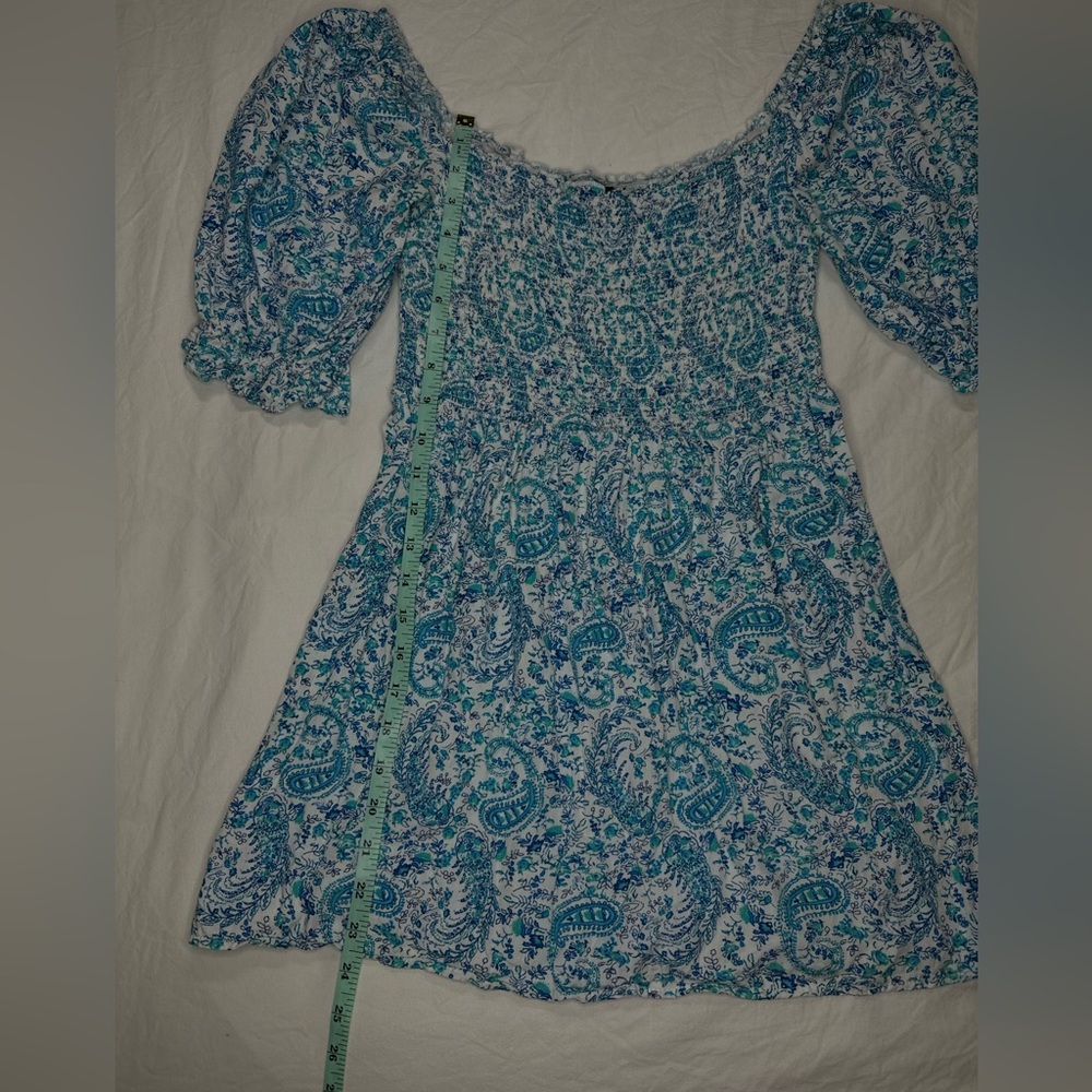 City Studio Blue Paisley Print Puff Sleeve Smocked Mini Dress - Teen Size M - Picture 6 of 8